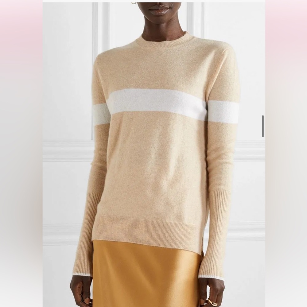 La Ligne tan cream‎ striped 100% cashmere sweater ladies L NWT